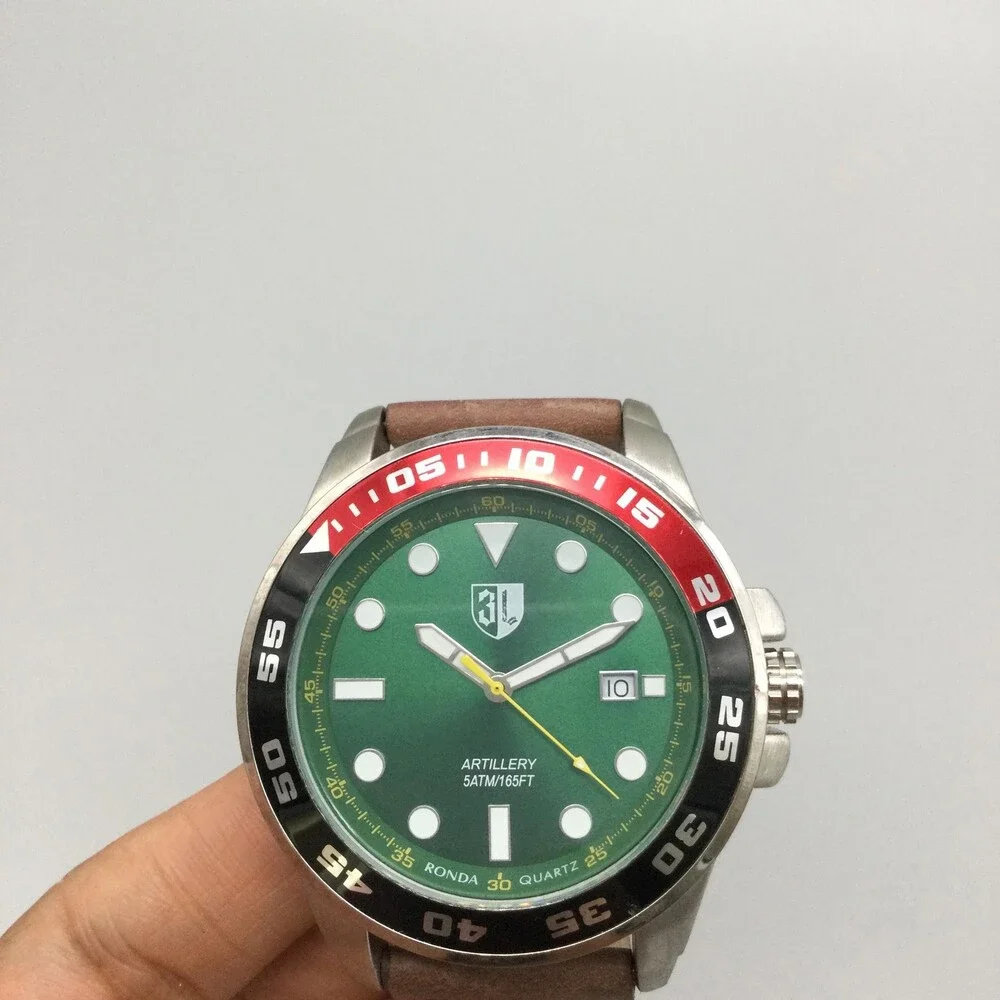3 Leagues Artillery Mens Watch 46mm Green Dial Coke Bezel Leather Swiss